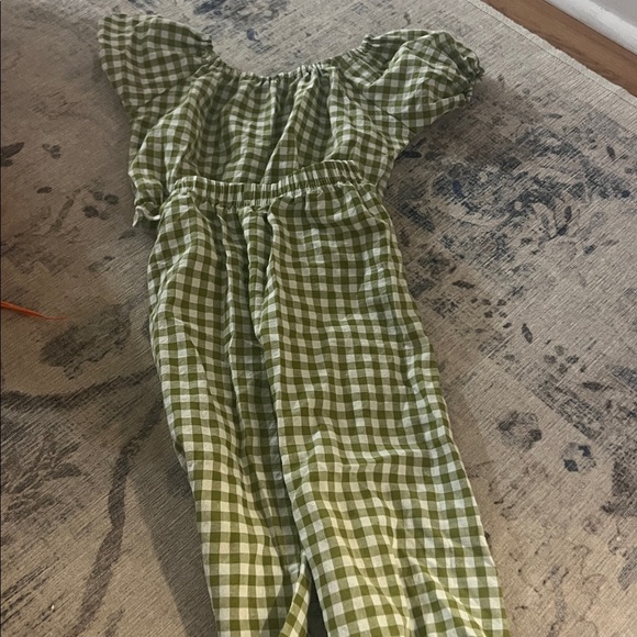 None Other - Green Gingham Off-Shoulder Jumpsuit